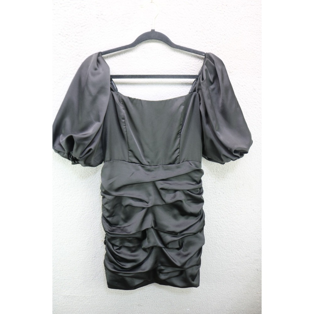 DO + BE Black Satin Balloon Sleeve Ruched Mini Cocktail Dress-Medium-Goth
